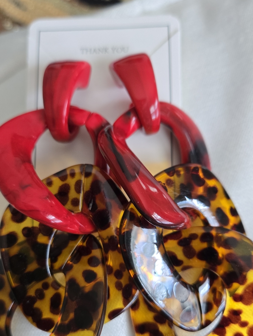Red and Tortoiseshell Animal Print Dangle Chain Earrings - Picture 2 of 4